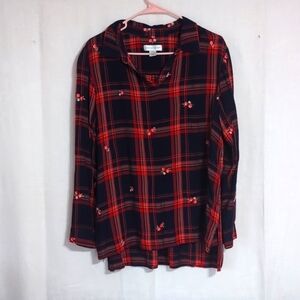 christopher & banks Navy Orange Plaid Split Neck Long Sleeve Blouse Size Large